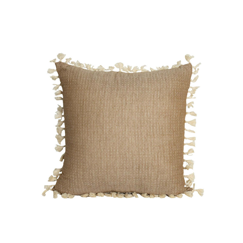 Handwoven Light Brown Cotton Reversible Throw Pillow with Tassels