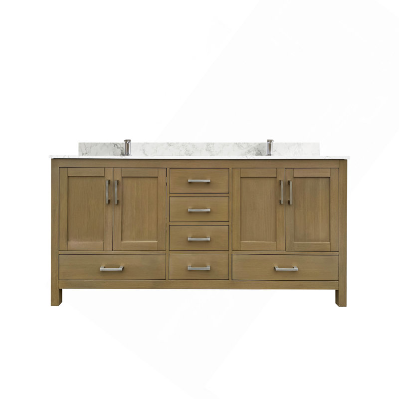 Meuble-lavabo 72 po avec lavabo double et trou de robinet, meuble-lavabo avec 4 portes et 6 tiroirs en chêne, Naturel