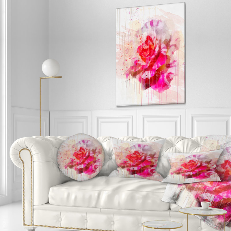 Red Rose with Watercolor Splashes - Floral Printed Throw Pillow