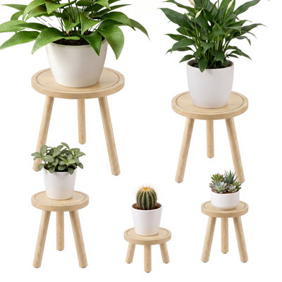 5-Piece Solid Pine Wood Plant Stand Set, Round Wooden Flower Pot Stands in Assorted Heights, Heavy-Duty Indoor Plant Holders for Living Room, Patio & Balcony