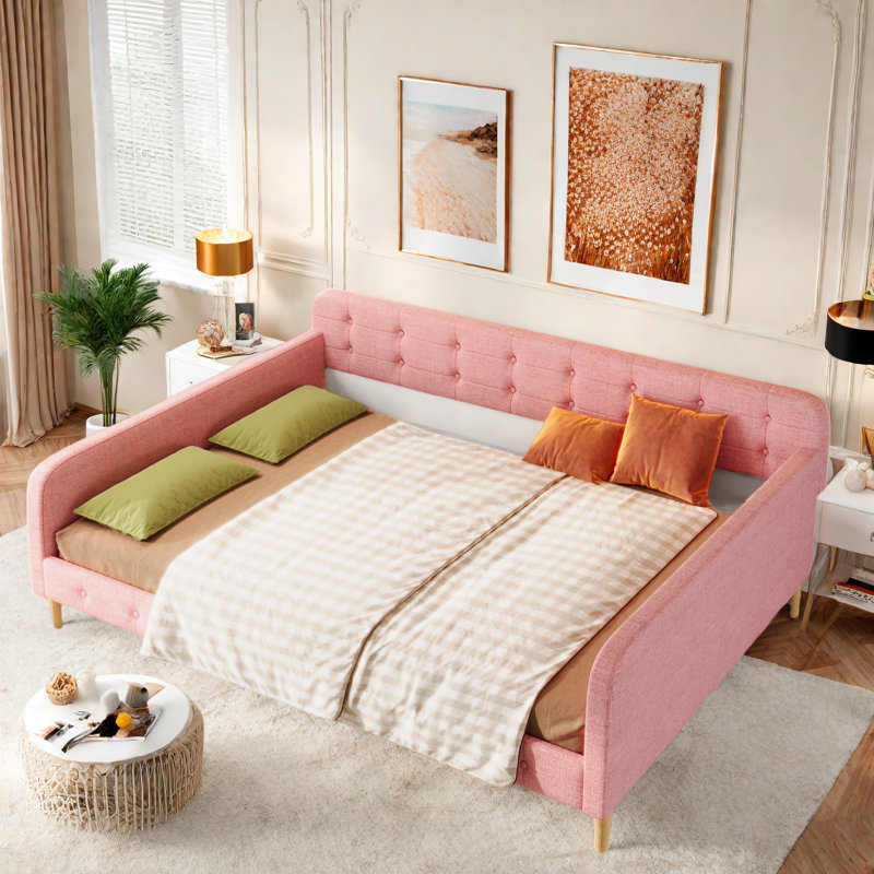 Upholstered Daybed With 4 Support Legs, Pink