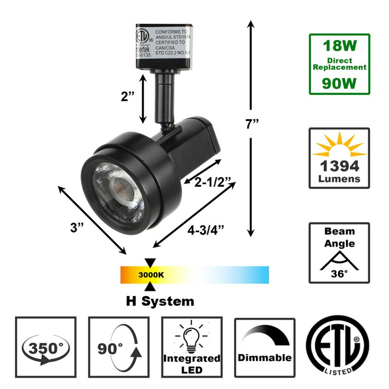 Tête d'éclairage DEL à rail, Noir, H 7 po x l 3 po x 4,75 po, 18 W