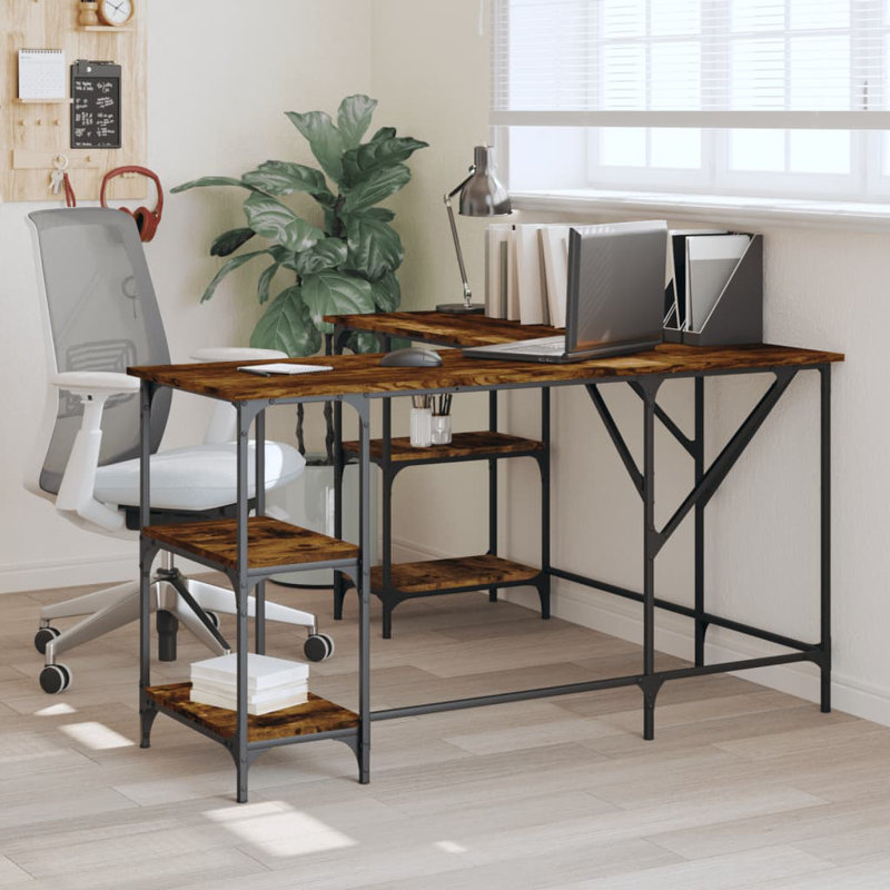 Aahad L-Shaped Metal Base Writing Desk, Smoked Oak