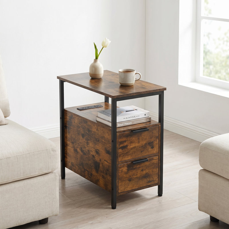 Slim Side End Table With Charging Station - Narrow Nightstand With 2 Drawers, Bedside Table For Living Room And Small Spaces, Rustic Brown And Ink Black