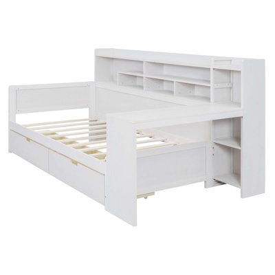 Wooden Daybed With Storage Shelves, Multi-Functional Bed With Two Storage Drawers And Study Desk by Hokku Designs