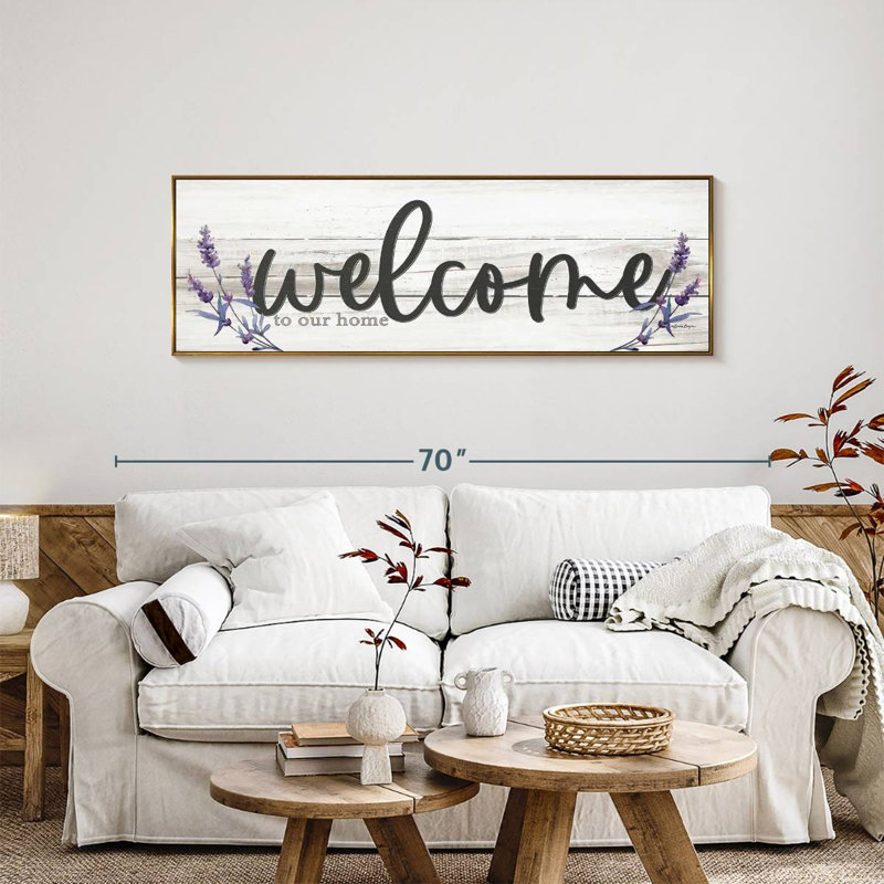 Plaque murale "Welcome to our home" lavande, 57 po x 19 po, Cadre flottant doré