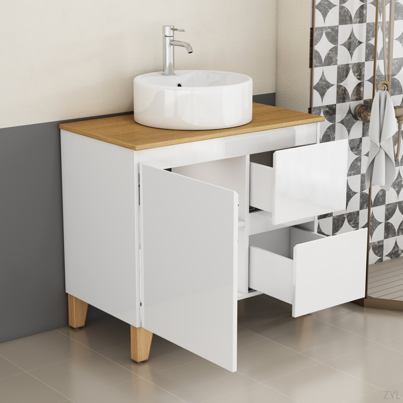 Meuble-lavabo monté avec lavabo, système de fermeture en douceur, lavabo en céramique, bois massif, facile à installer, conception unique sans poignée