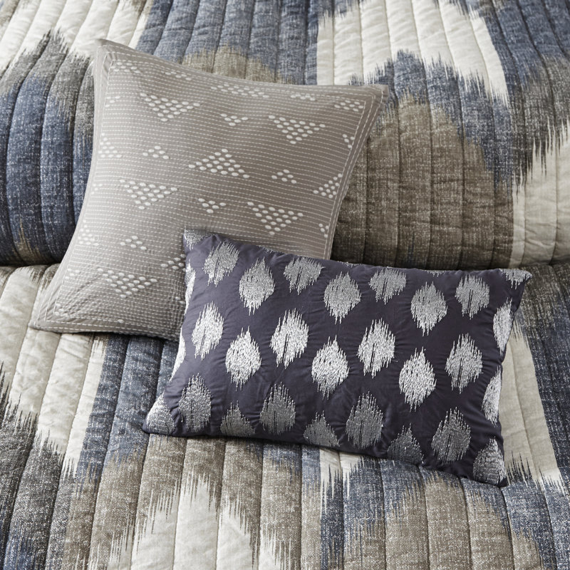 Navy Ikat Print Reversible Cotton Full Quilt Set