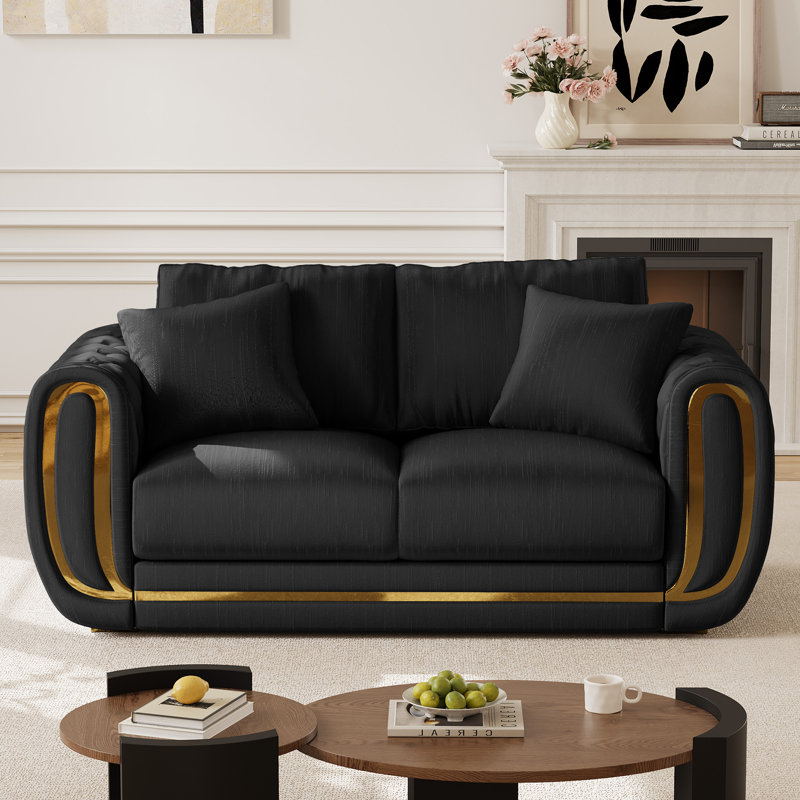 67'' Round Arm Glitter Velvet Sofa Couch with Gold Accent, Black, 31.6" H x 67" W x 33" D