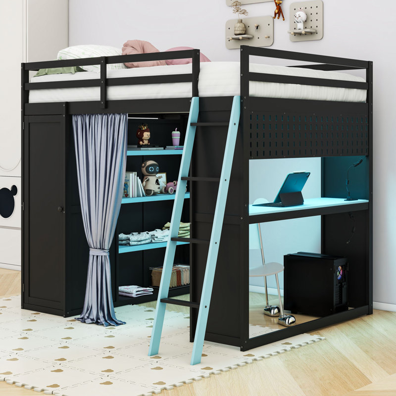 Lit mezzanine double en bois avec poste de travail intégré, garde-robe et éclairage personnalisable, Noir / Bleu