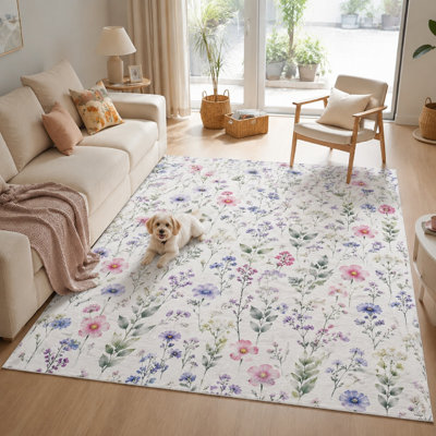 1Pcs Delicate floral pattern - watercolor flowers, nature-inspired art, soft texture, washable, easy care, large thin rug, non-slip backing for living room, bedroom, kitchen, and office indoor decor for home detor