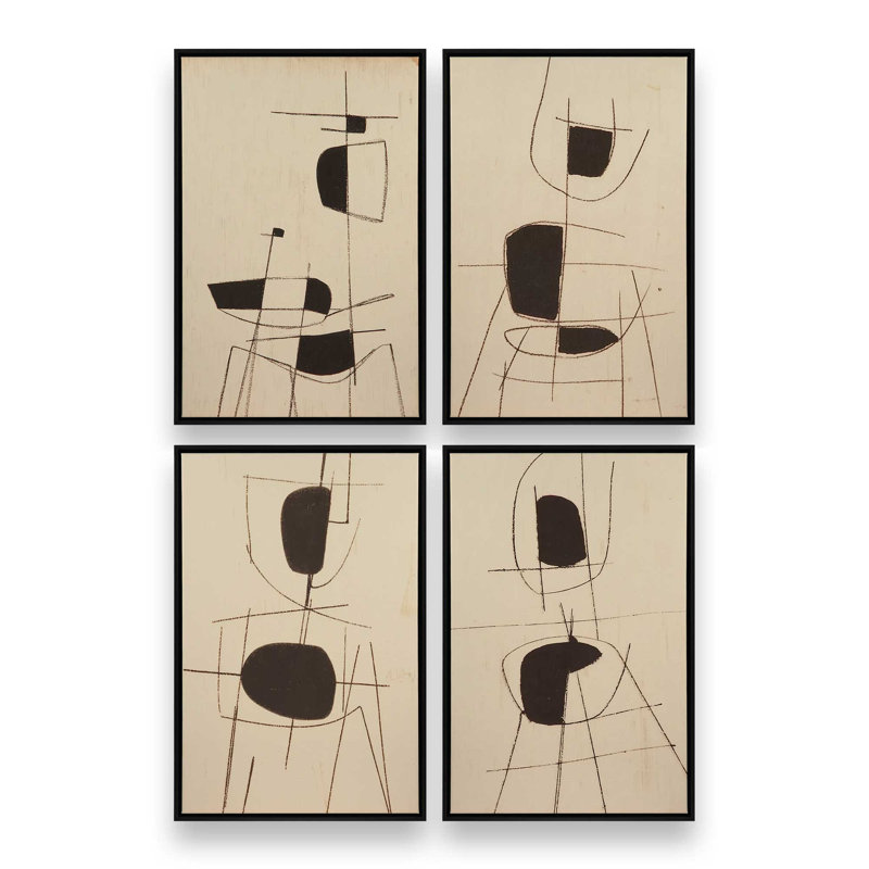 Ensemble de 4 imprimés «Lines of Stillness», Cadre flottant noir satiné, 12 po x 8 po