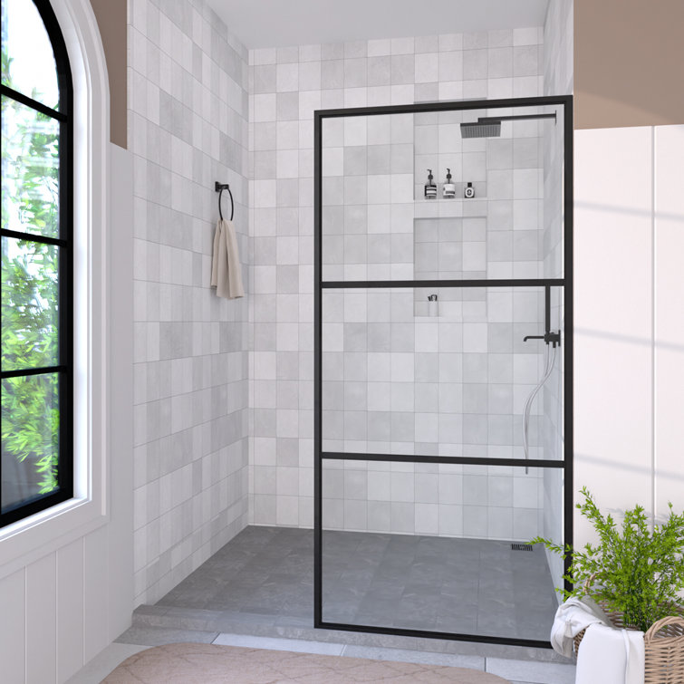 Hilma 34 In. W X 72 In. H Fixed Framed Shower Door In Matte Black Finish With Patterned Glass