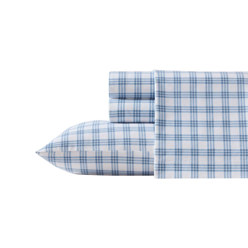 Ensemble de draps 100% coton 200 fils, Ensemble de draps pour lit double avec 2 taies d'o, À carreaux, bleu