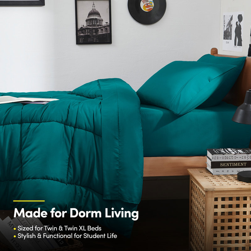 7PC Campus Ready Dorm Twin XL Bedding Bundle, Solid Comforter, Pillows And Sheet Set, Teal