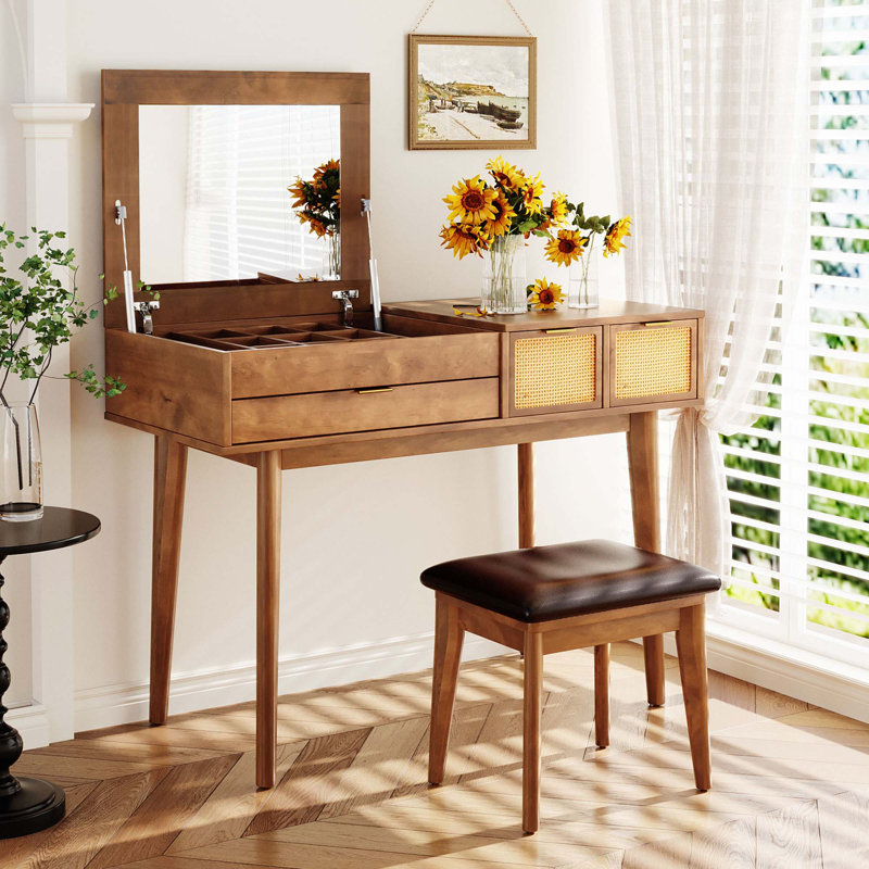 Ensemble coiffeuse 43,3 "en bois avec miroir rabattable et tabouret, coiffeuse avec trois tiroirs et espace de rangement