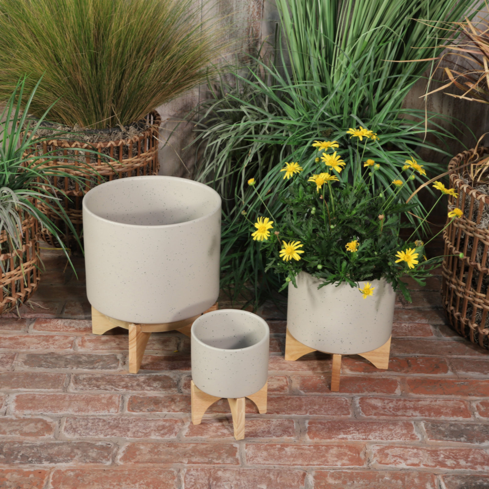 Sagebrook Home Ascend Neutral Ceramic Planter Pot with Stand Indoor/Outdoor, 9" H x 8" W x 8" D, Beige, 2