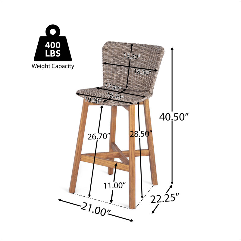 Tabouret de bar d'extérieur Lymington, bois de teck avec osier, ensemble de 2, Marron clair