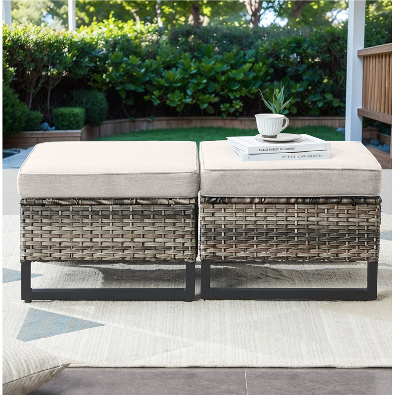 Repose-pieds d'extérieur en osier avec coussins en oléfine Naresa, Gris, Beige