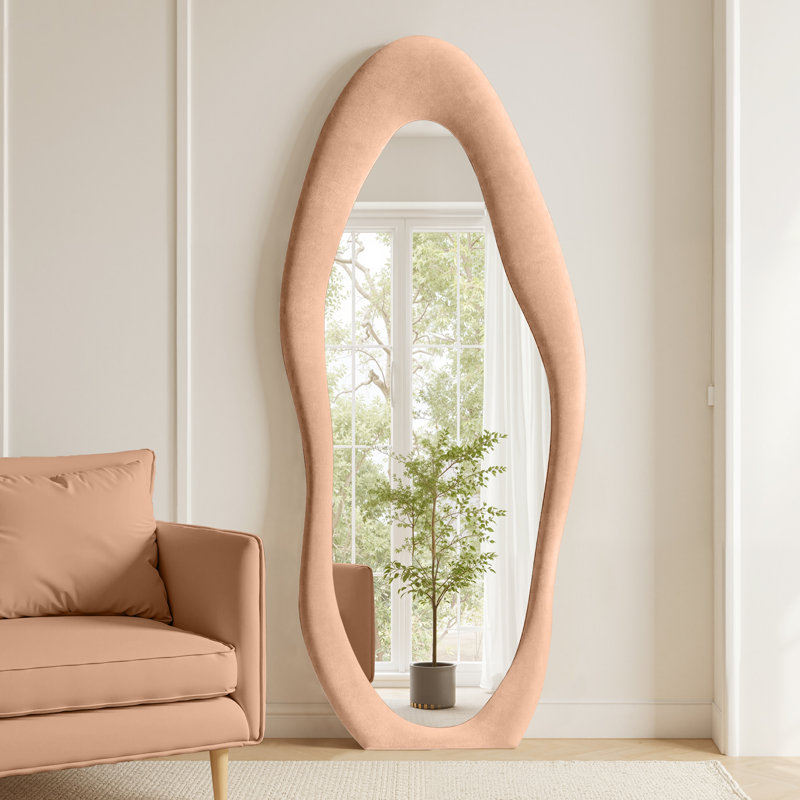 Farkhan Manufactured Wood Wavy Floor Mirror, 71" x 30", Milk Tea