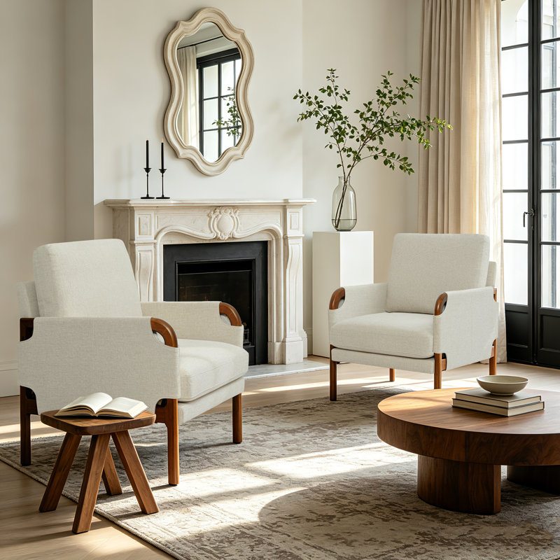 Chaises d'appoint Mid-Century modernes en tissu avec accoudoirs courbés en bois massif, ensemble de 2, Khaki