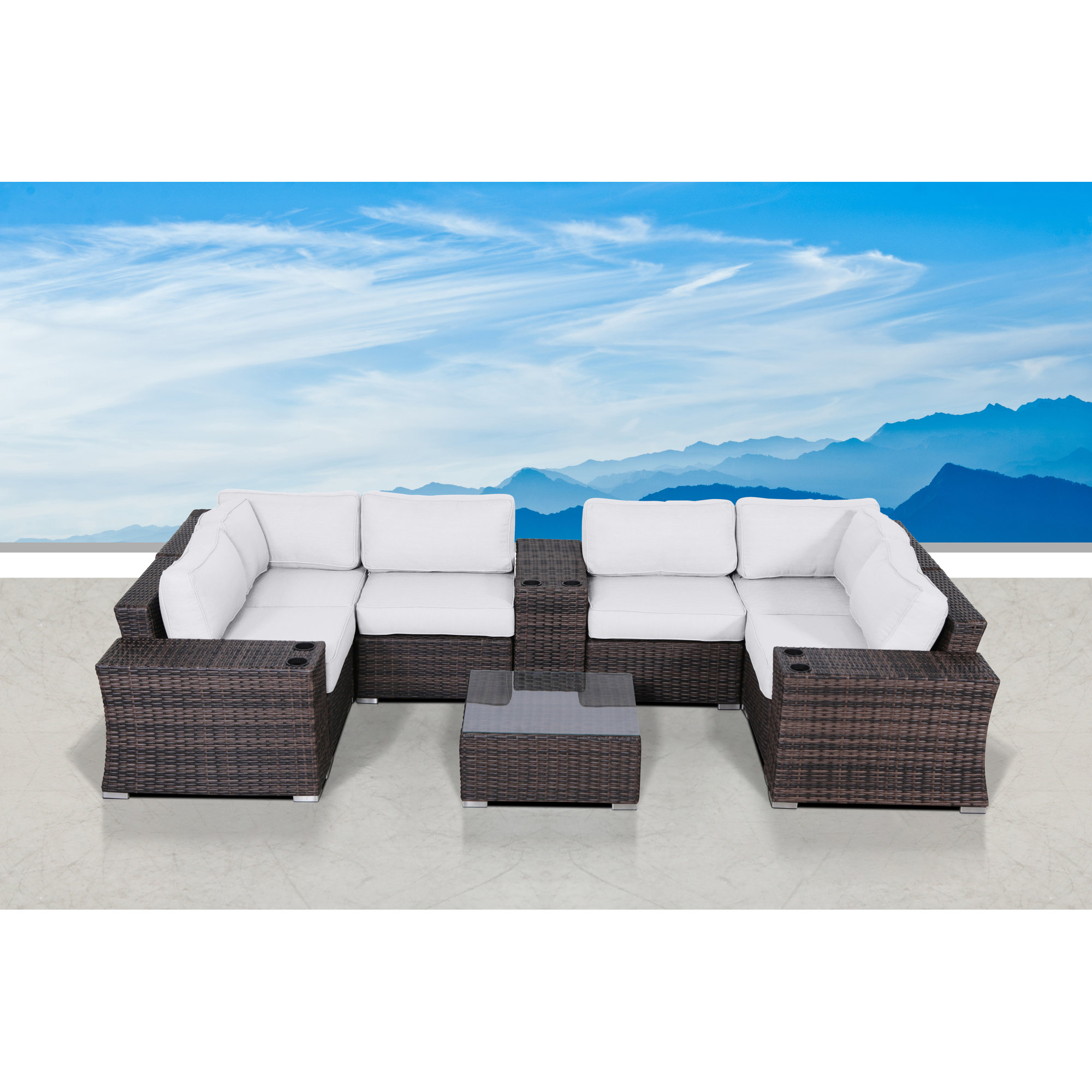 Saffi Fully Assembled 10 Piece Sectional Seating Group with Cushions, Brown, Sunbrella Canvas