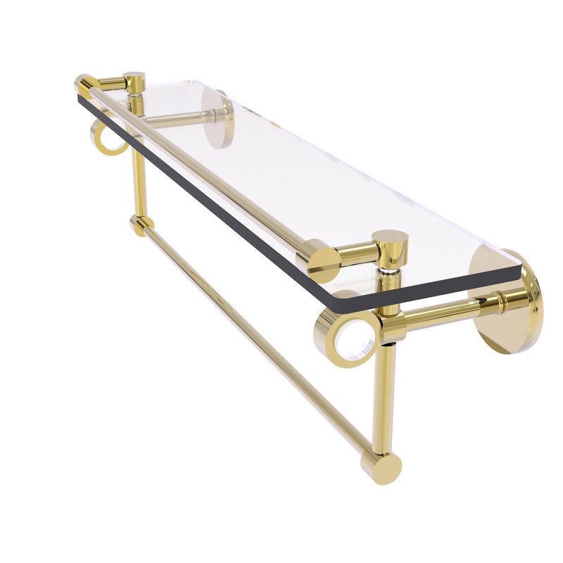 Margolis Glass Bracket Shelf with Towel Bar, Unlacquered Brass, 6.7" H x 22" W x 5.8" D