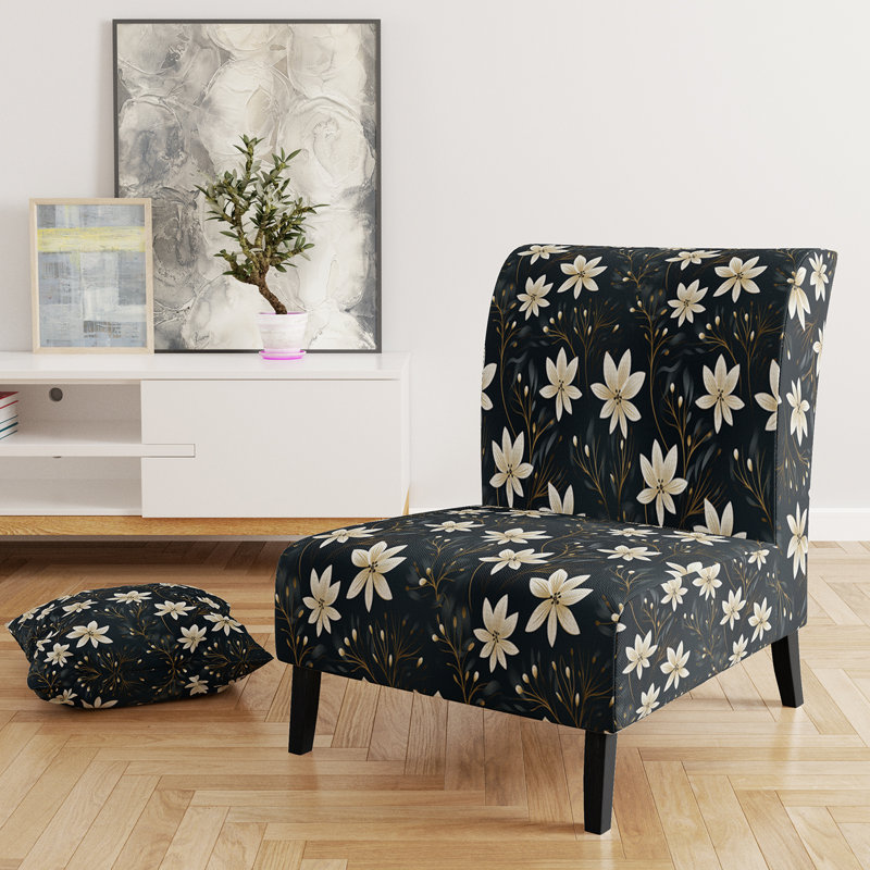 Noir et ivoire Motif floral élégant - Fauteuil de chambre rembourré de style campagnard, fauteuil d'appoint blanc
