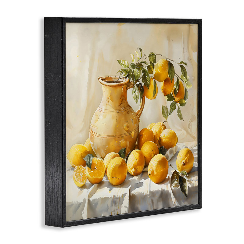 Vintage, citrons et pichet, estampe numérique, design par LSR Creative Studio, H 17 po x l 17 po, Giclée encadrée noir minuit