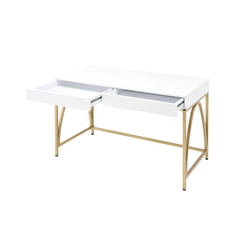 Bureau de coiffeuse 2 tiroirs Addilynn blanc brillant et doré