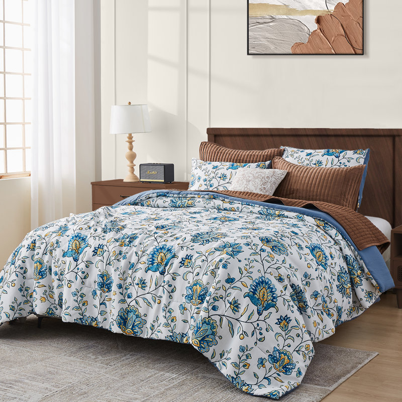 Wonderful Floral Comforter Set Linen-Like Fabric With Slub Texture, Queen Comforter + 2 Standard Shams, Blue