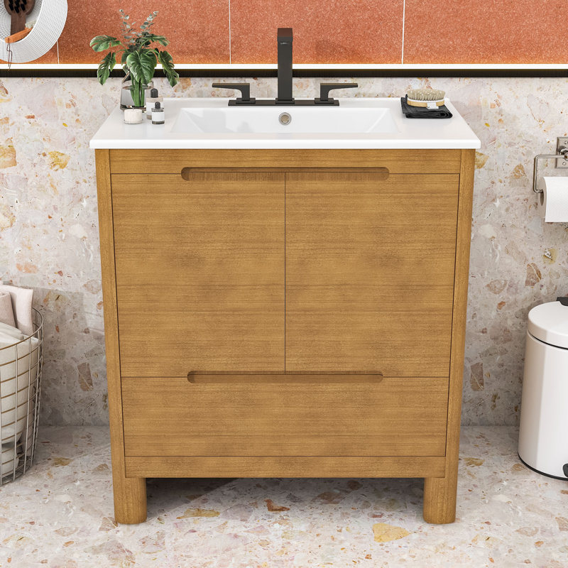 Meuble-lavabo de 30 pouces avec lavabo en céramique, portes doubles à fermeture en douceur, tiroir et tablette réglable
