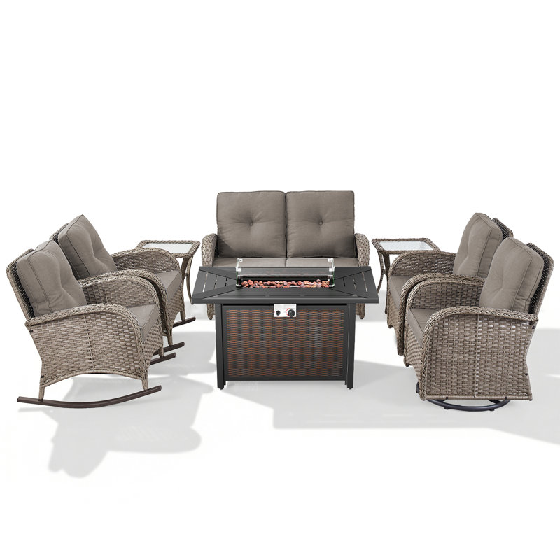 8-Piece Outdoor Porch Rattan Nighttime Family Fire Pit Set With Gliding Loveseat, Rocking Chairs And Swivel Chairs, Gray