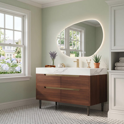 Meuble-lavabo de style campagnard de 90 cm (35,4 po), meuble autoportant avec comptoir en pierre frittée, lavabo en céramique encastré, structure en bois imperméable et 4 tiroirs, possibilité de fixation murale