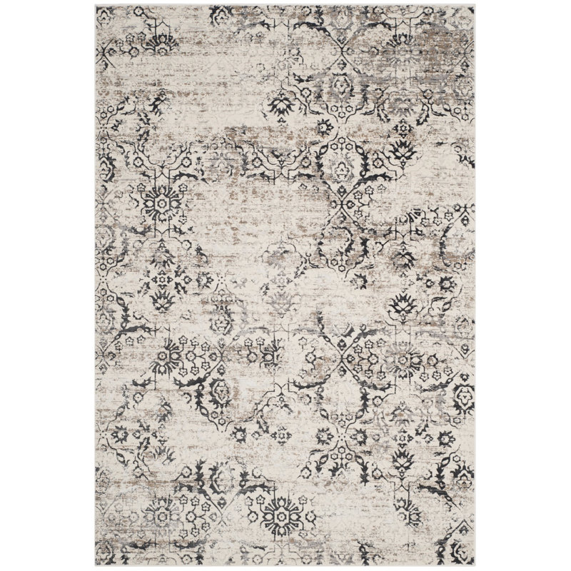 Florence-Graham Pp Viscose Cotton Weft + Warp Latex Floral Rug in Charcoal/Cream, Rectangle 3' x 5'