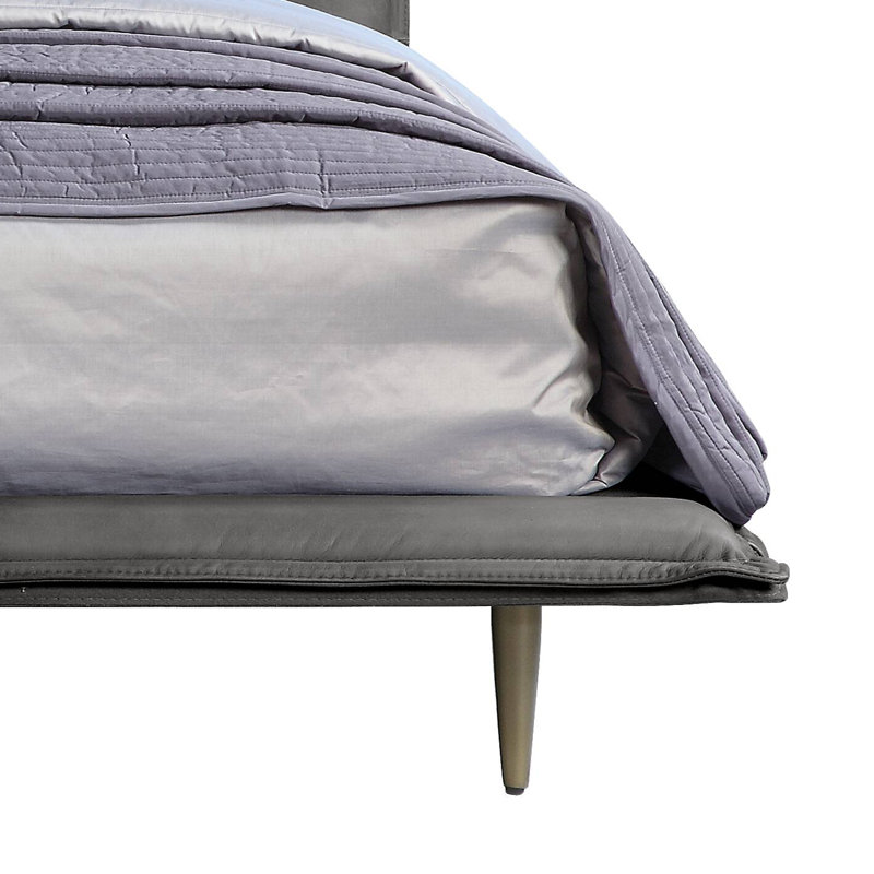 Metis Gray Top Grain Leather Upholstered Queen Bed with Metal Legs
