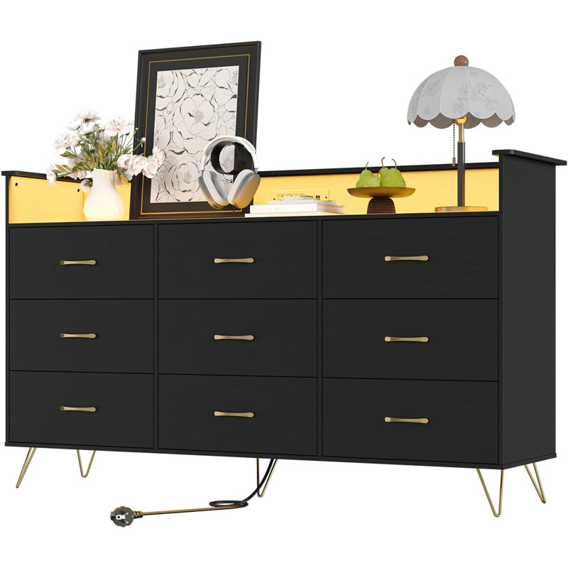 9-Drawer Tall Dresser with RGB Lights & Charging Station, APP Controlled Storage Cabinet 62.8", Black