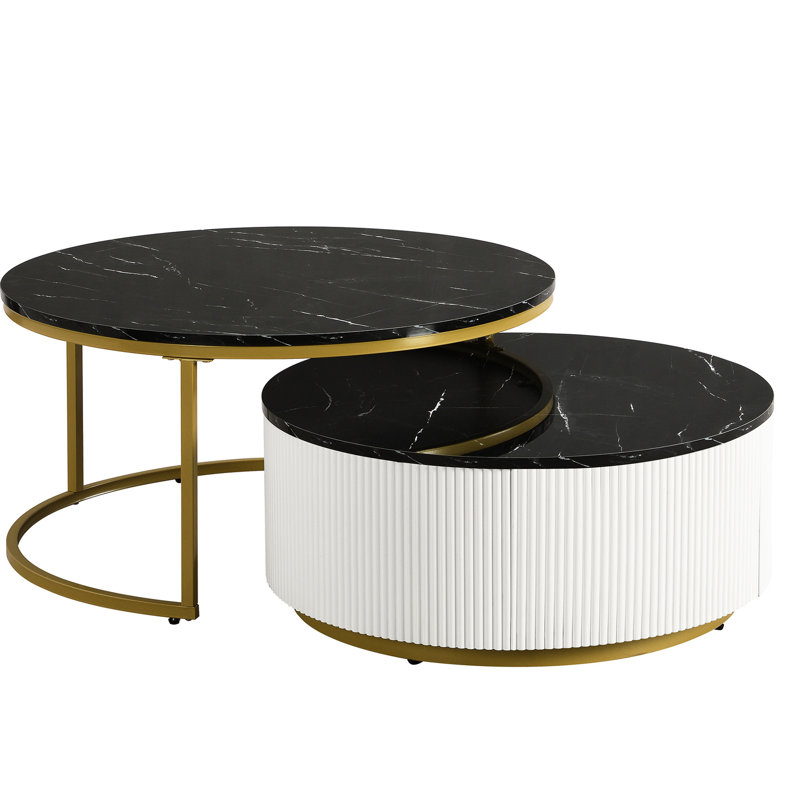 Modern Round Nesting Coffee Table Fluted With Drawer In Black & Gold In 31.5'', Black, 15.7" H x 31.5" L x 31.5" W
