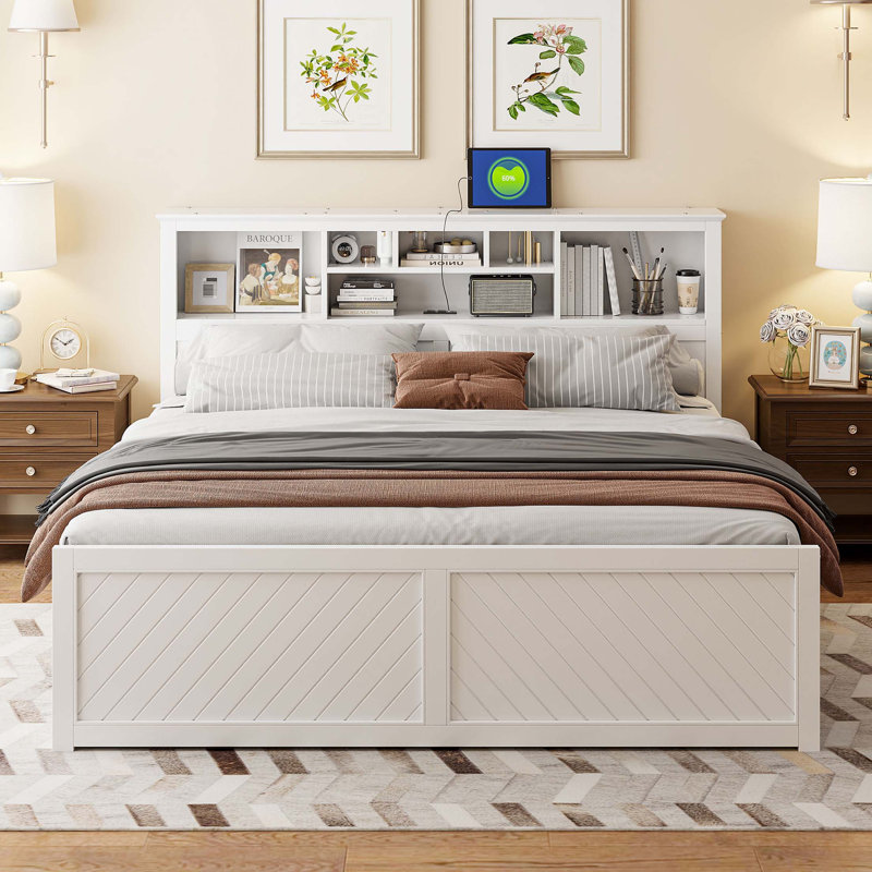 Lit plateforme en bois avec tête de lit multi-rangement, USB et 2 tiroirs, Blanc
