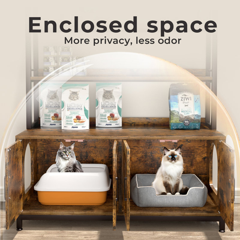Rustic Brown Wooden Cat Litter Box Enclosure with Shelf