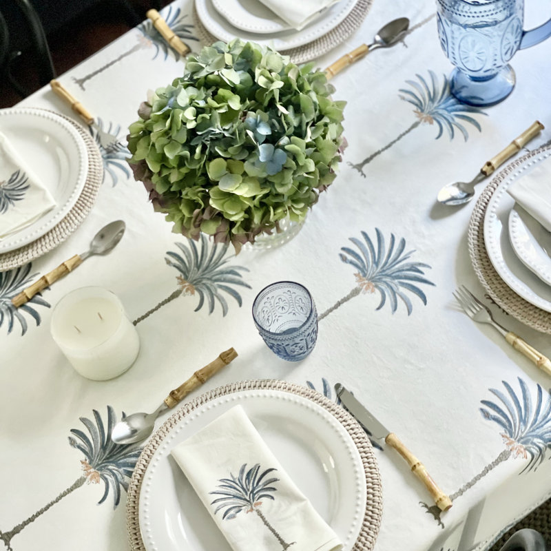 Coastal Palm Tree Blue Tablecloth, 72" D x 135" L