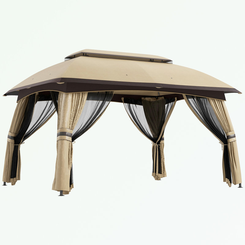 Outdoor Steel Frame Gazebo with Netting and Vented Roof, Beige