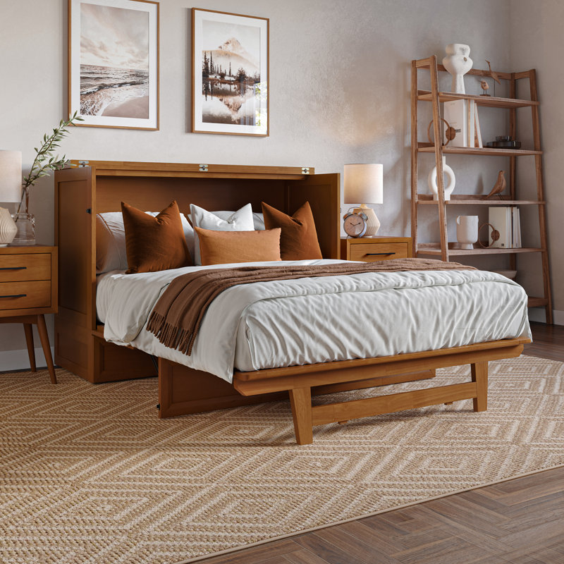 Tucson Wood Murphy Bed Chest with Storage Drawer, Built-in Charging station and Mattress, Light Toffee, Full