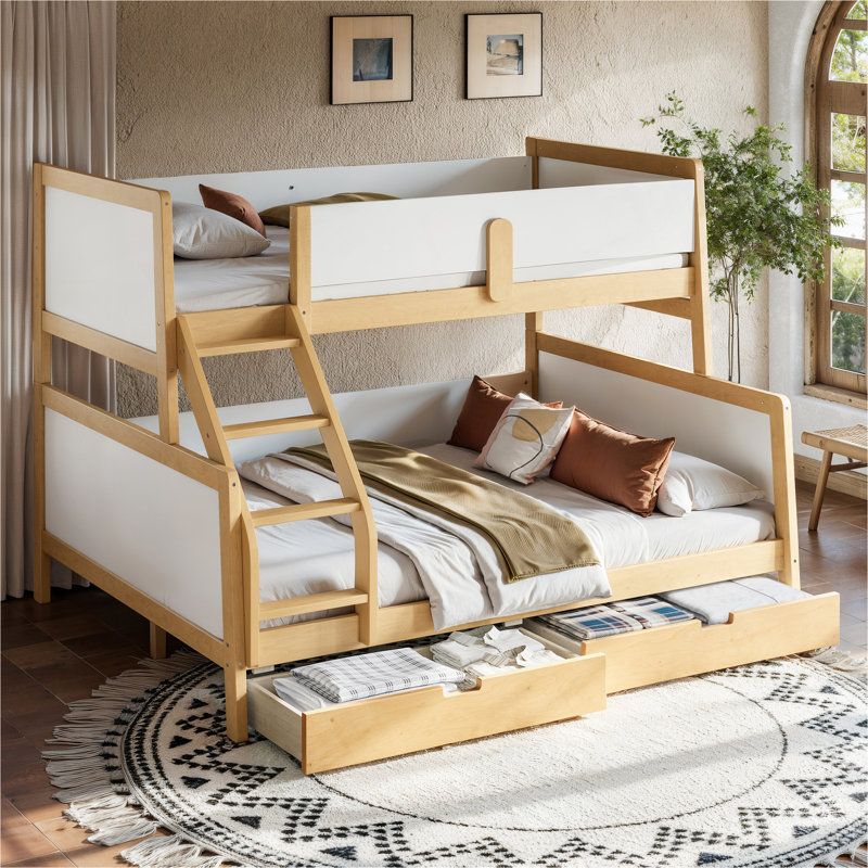 Lit simple superposé simple au-dessus d'un grand lit avec tiroirs de rangement, lit superposé en bois massif avec lattes de soutien et conception convertible, blanc et naturel