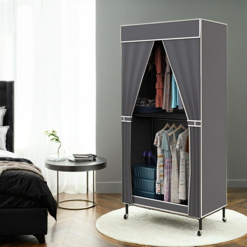 Portant à 2 niveaux avec housse pour garde-robe portatif, 4 roulettes, 2 tringles de suspension, 2 supports à crochets, structure en acier de 72,44 po de hauteur, petit espace / rangement saisonnier