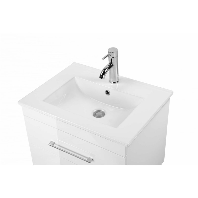 Meuble-lavabo mural blanc brillant avec tiroirs doubles, système de fermeture en douceur, lavabo en céramique, 24"