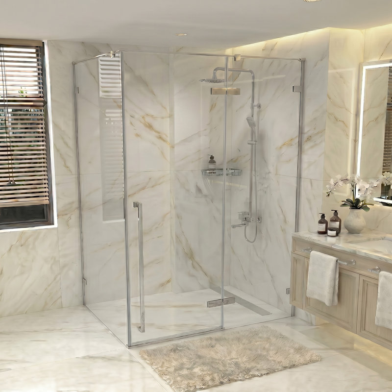 Porte de douche réversible chromée avec verre trempé transparent et panneau latéral de 34,1 po à 34,5 po Drew 57,6 po –58 po x 79 po
