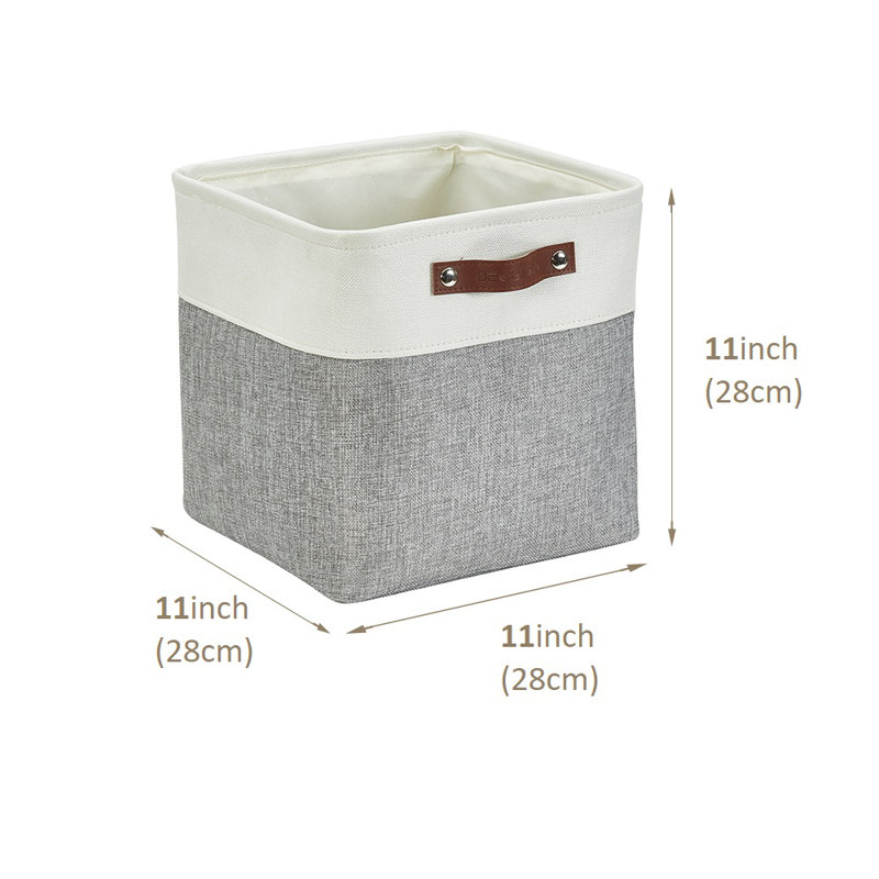 Foldable Storage Bin | Collapsible Sturdy Fabric Storage Basket Container W/Handles, 11" H x 11" W x 11" D, Grey/White