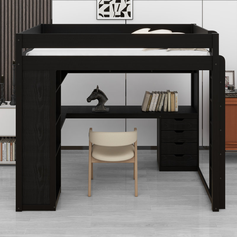 Structure de lit mezzanine moderne conçue avec une étagère ouverte à 4 niveaux, un bureau en L intégré et un éclairage ambiant intelligent