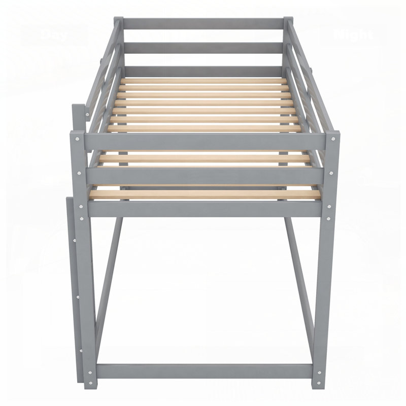 Twin Over Twin Floor Bunk Bed With Ladder, Gray
